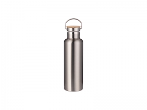 750ml/25oz Portable Bamboo Lid Stainless Steel Bottle (Silver)