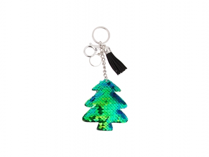 Sequin Keychain w/ Tassel and Insert (Blue and Green Christmas Tree)