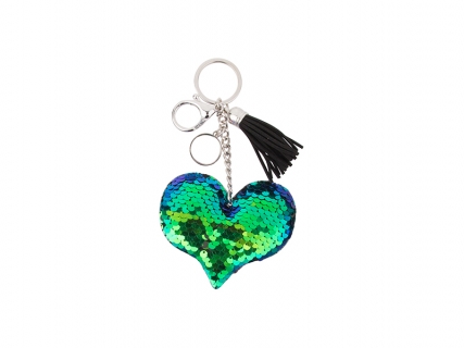 Sequin Keychain w/ Tassel and Insert (Blue and Green Heart)