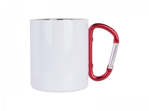 300ml Stainless Steel Mug w/ Red Carabiner Handle (White)