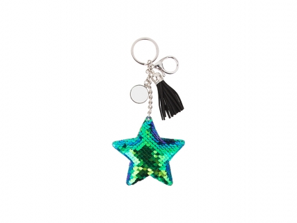 Sequin Keychain w/ Tassel and Insert (Blue and Green Star)